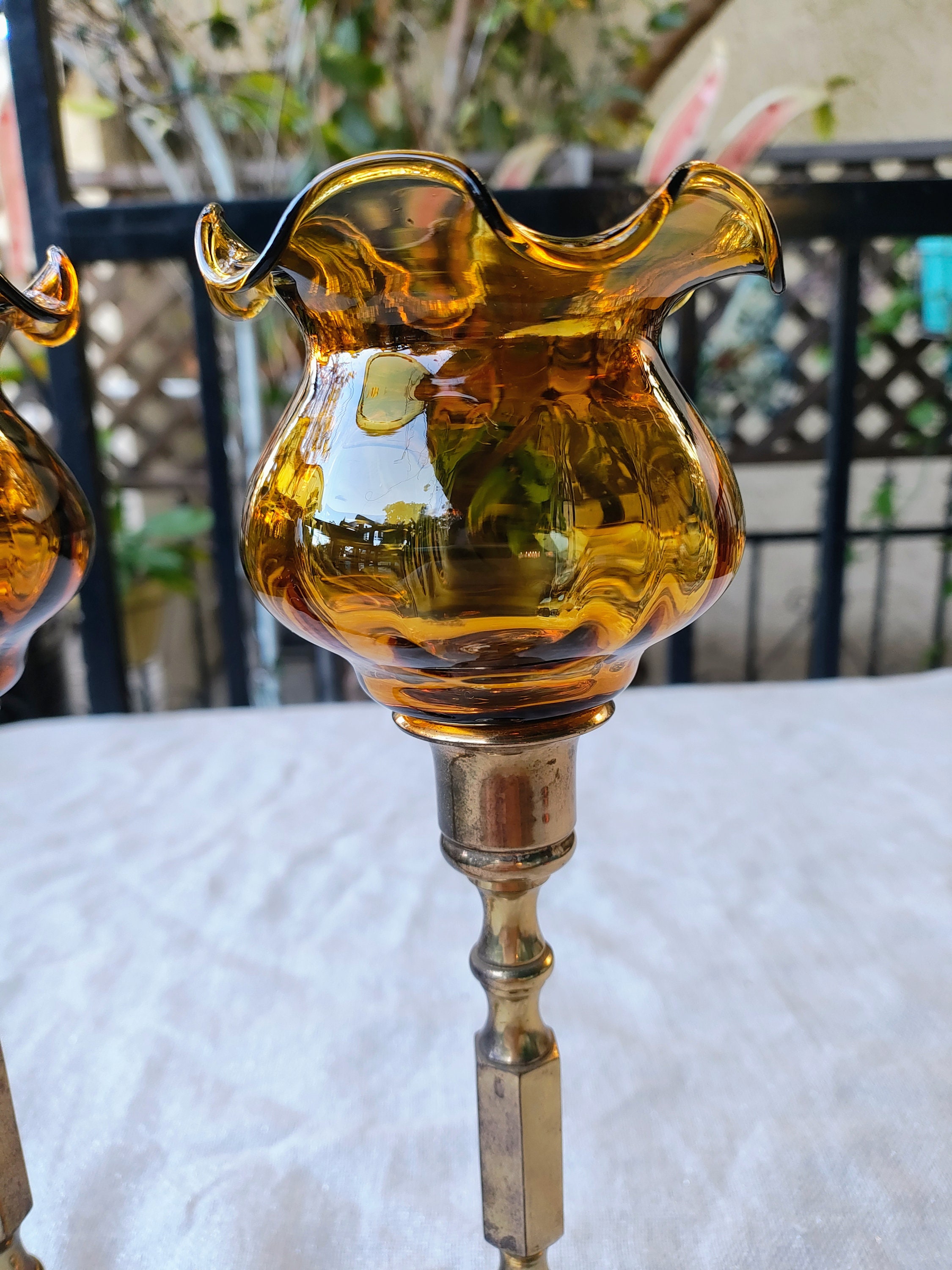 Amber Glass Candlestick Pair - Large