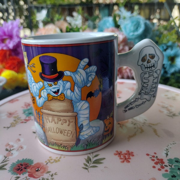 Vintage Halloween Mummy Skeleton on Handle Ceramic Coffee Tea Cup Mug