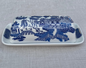 Vintage Churchill Blue Willow Covered Butter Dish