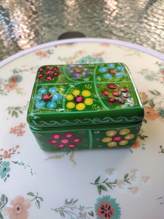Green Trinket Box Hand painted Colorful Flowers Me