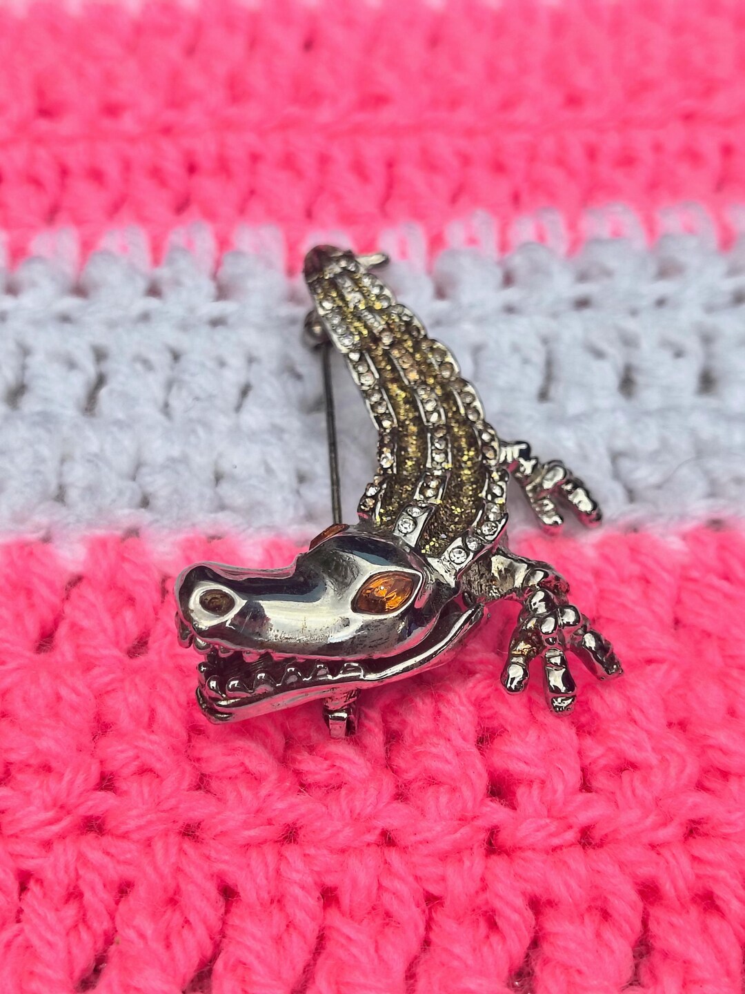 Vintage Figural Alligator Crocodile Brooch Pin Clear and Amber Color ...