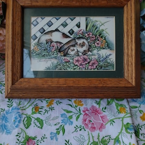 Laurie Korsgaden Watercolor Mama & Baby Rabbit Country Garden Signed