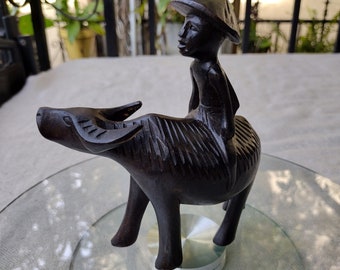 Chinese Carved Wood Water Buffalo With Rider Sculpture