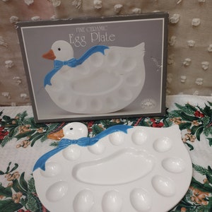 Vintage Duck W/ Blue Bow Fine Ceramic Egg Holder Tray