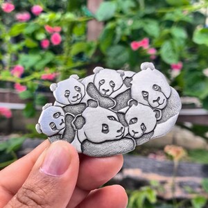 Vintage JJ Panda Bear Family Pewter Brooch Pin