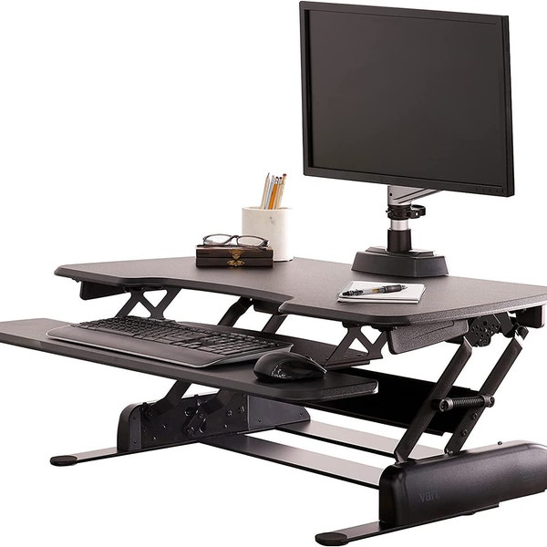 desk Essential 36 - Two-Tier Standing Desk Converter for Monitor & Accessories - Height Adjustable Sit Stand Desk - Fully Assembled Monitor