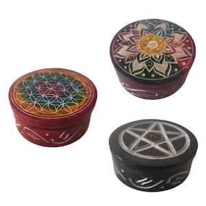 Stone Box 7.2 cm - Steatite Jewelry Box - Pentagram - Flower of Life - Mandala - Spiritual Altar Decoration - Gift - Wiccan Witch