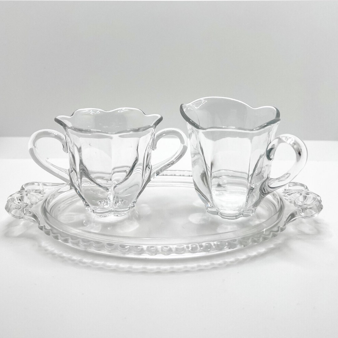Vintage Glass Creamer, Sugar Bowl and Glass Underplate Set, Glass ...