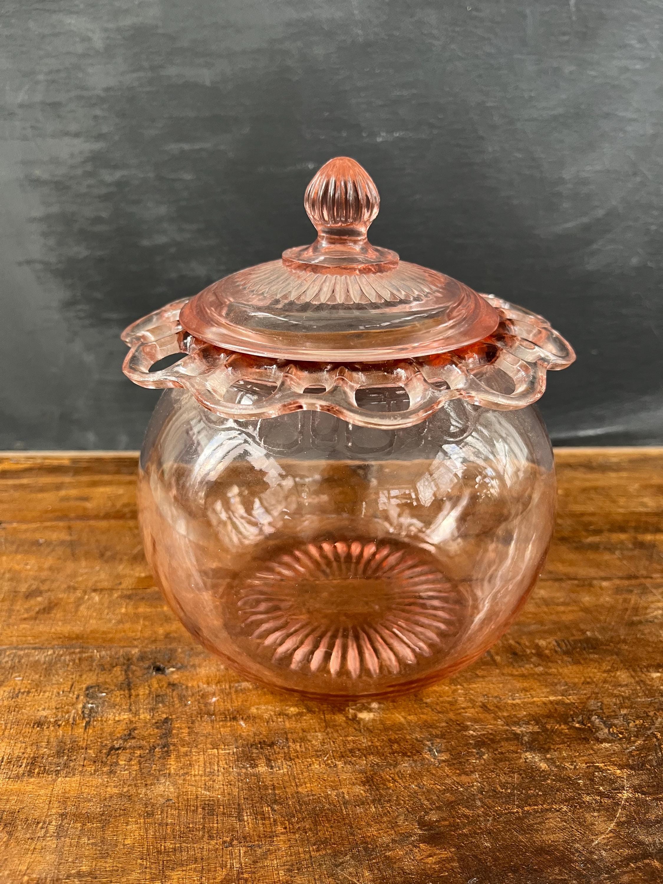 Old Colony Pink Depression Glass Cookie Jar With Lid, Lace Edge