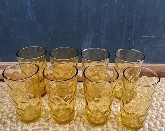 Hazel Atlas Amber Thumbprint Glasses, Tumblers, Honey Gold, Yellow, Drinking Glasses, Vintage