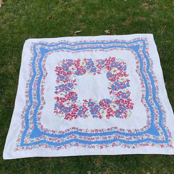 Vintage Floral Tablecloth, Yellow Blue Red Flowers, Flower Chain Border, Mid Century Tablecloth, Retro Decor, 1950s Tablecloth