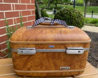 Vintage Tan/Brown American Tourister Train Case With Silver Exterior Features, Vintage Luggage