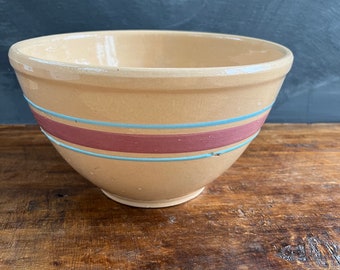 Vintage Watt Yellowware Pink and Blue Stripe Mixing Bowl, 9 inch, Vintage Mixing Bowl, Vintage Stoneware, Farmhouse Kitchen