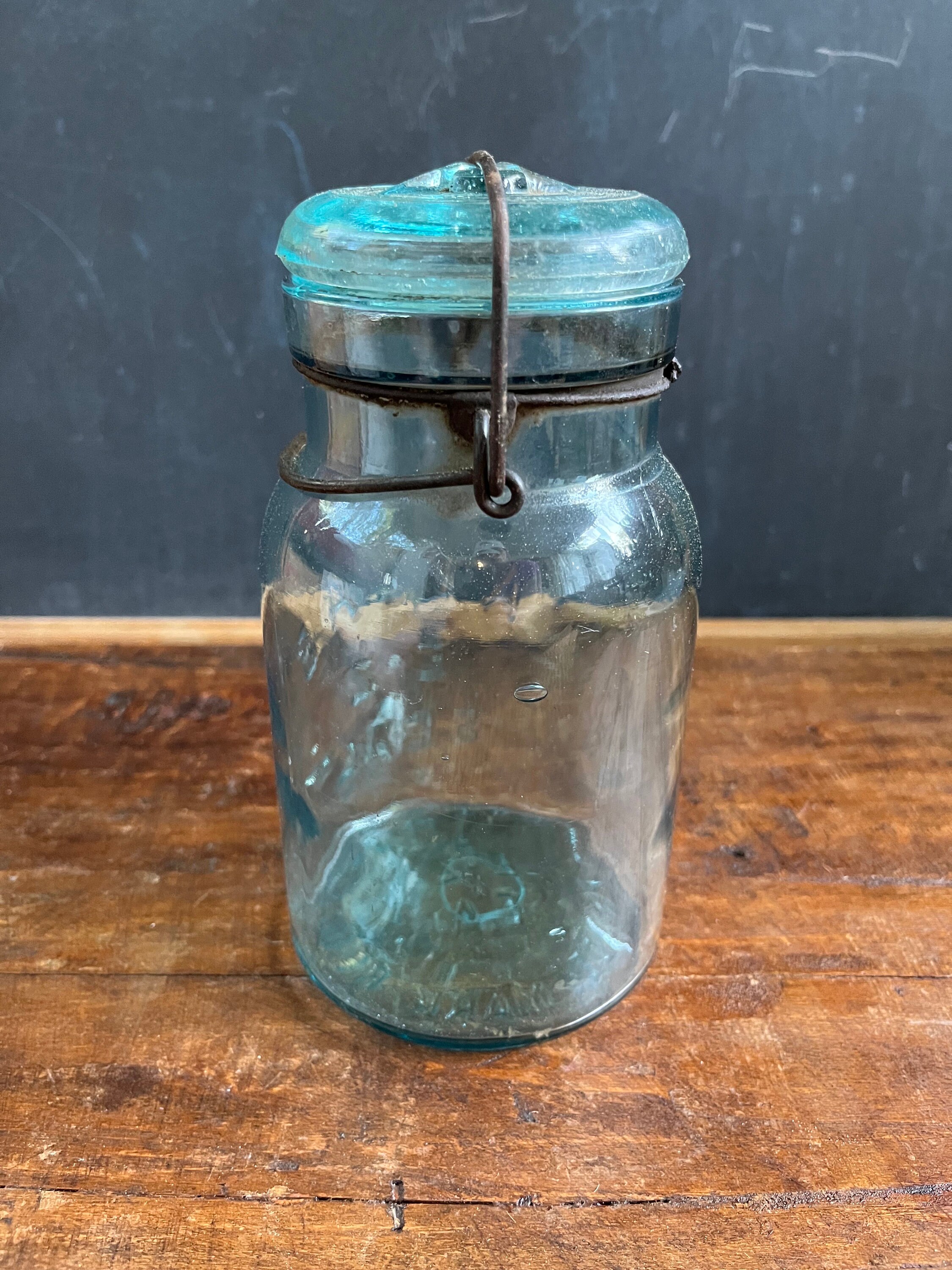 その他 jar Vintage Atlas E-Z Seal Blue Glass Canning Jar, Wire Clamp and