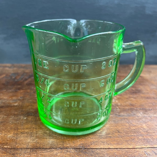 Vintage Hazel Atlas Green Depression Glass 3 Spout Measuring Cup, Uranium Glass, 1 Cup, 8 Ounces