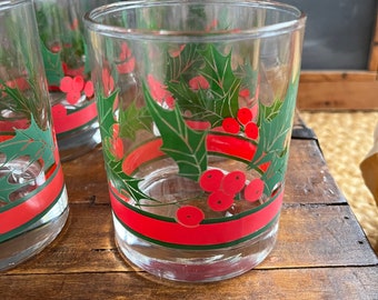 Vintage Christmas Low Ball Glasses Holly and Berries with Red Stripe, Vintage Christmas Glassware, Set of 6