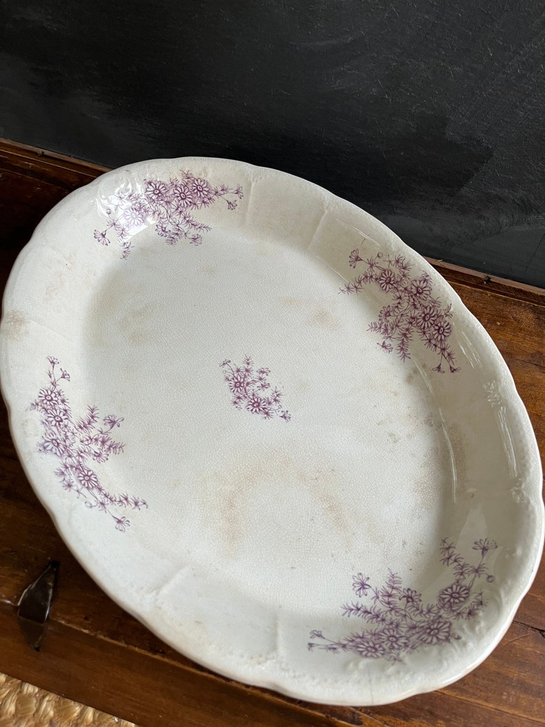 Daisy Pattern Antique Lilac Lavender Color, Transferware China Platter, Ironstone image 6