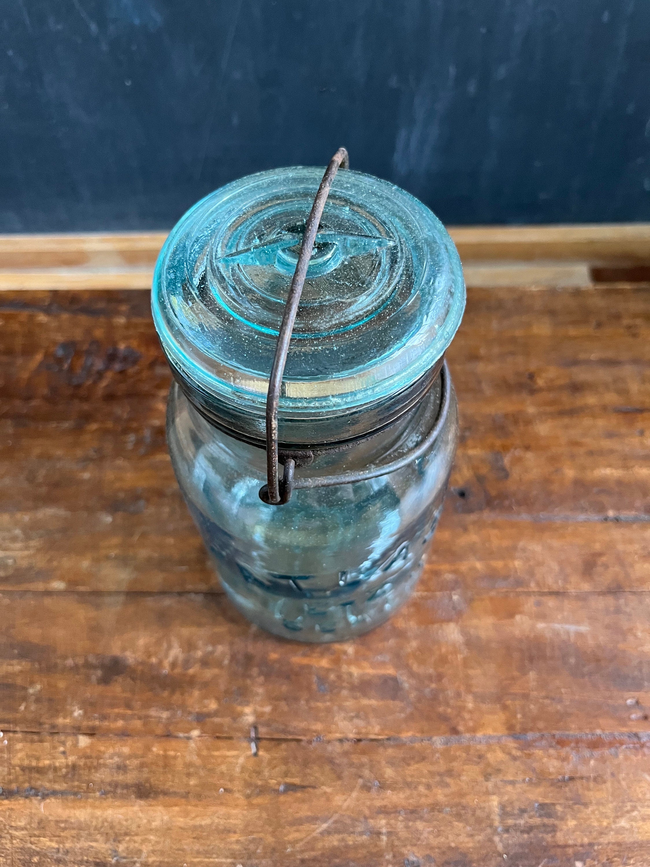 Vintage Atlas E-Z Seal Blue Glass Canning Jar, Wire Clamp and