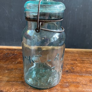 Vintage Atlas E-Z Seal Blue Glass Canning Jar, Wire Clamp and Glass Lid, Fruit Jar, Preserves, Quart Size
