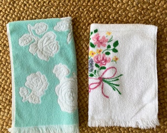 Vintage 1960s-70s Fringe Hand Towels, Turquoise with White Roses, White with Pink Yellow Purple Flower Bouquet, Martex