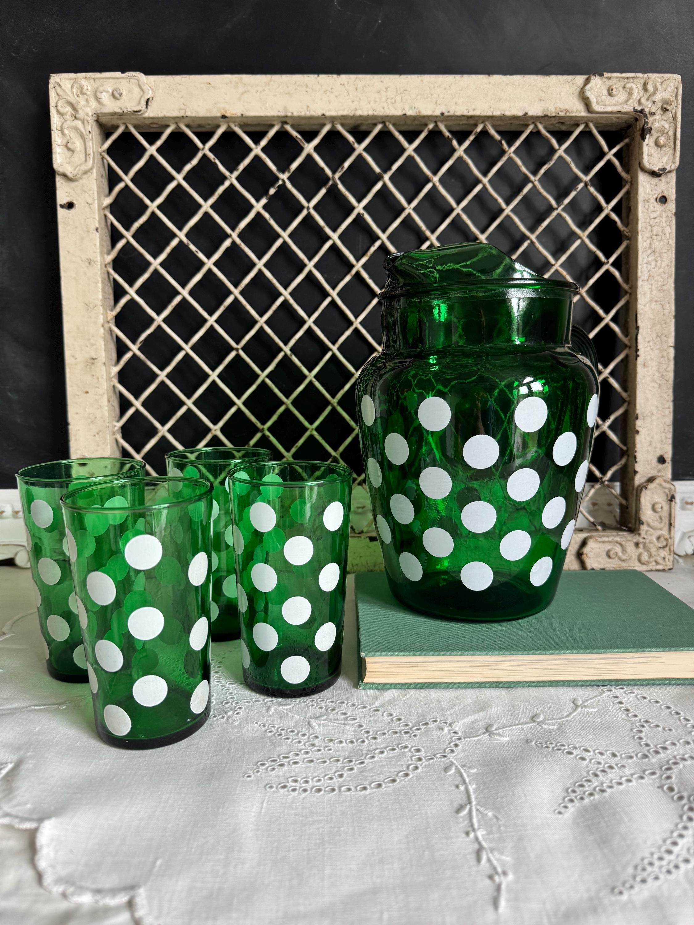 Vintage Anchor Hocking Pitcher and Glasses Set, Green Glass With
