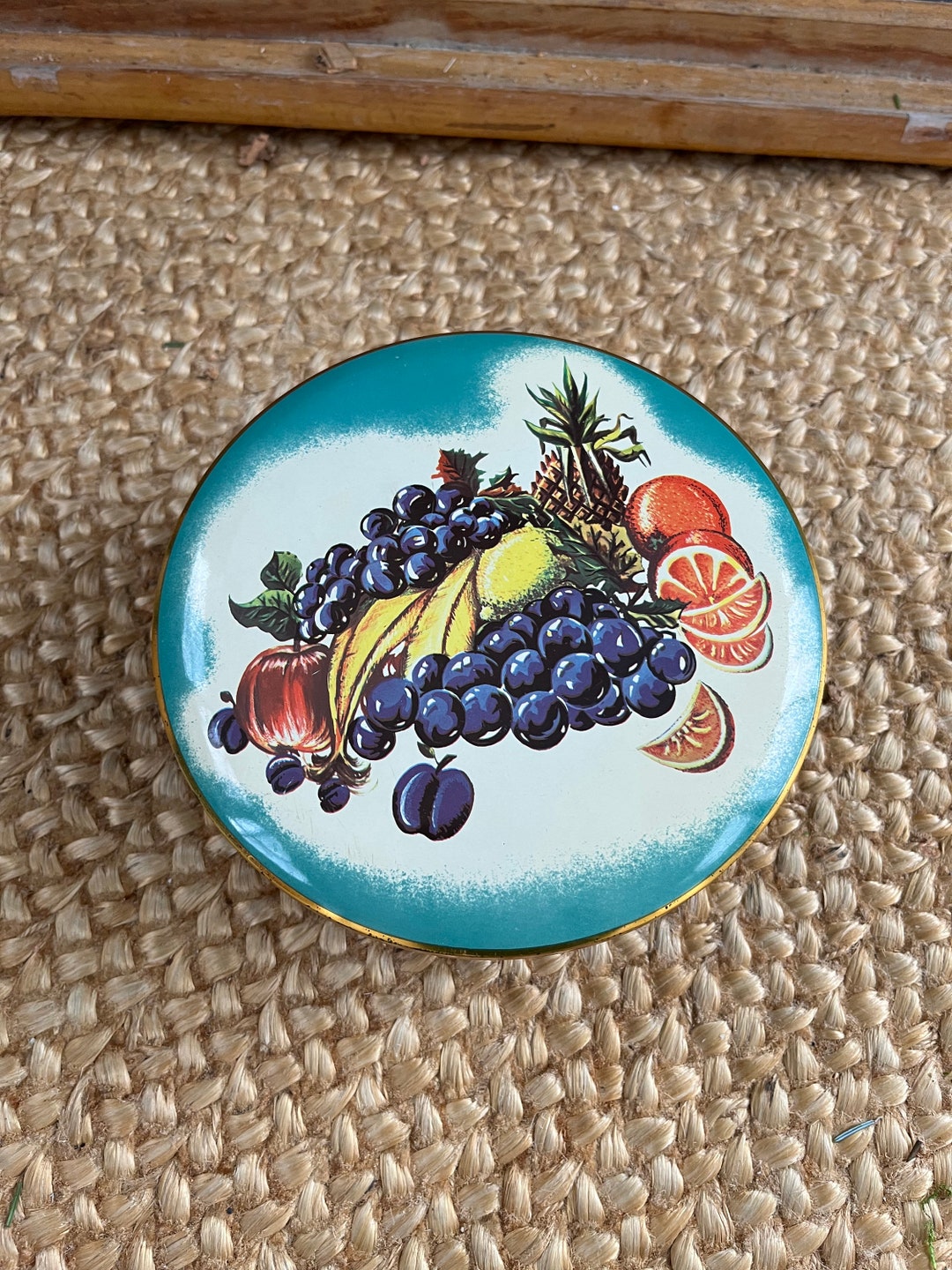 Vintage Mid Century Fruit Candy Tin, Turquoise, Teal Green and Gold