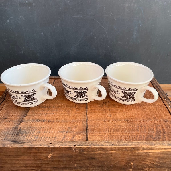 Vintage USA Pottery Brown Mums Flowers Floral Three Coffee/Teacups