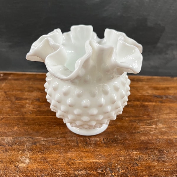 Vintage Fenton White Milk Glass Hobnail Footed Vase, Ruffled Edge, Milk Glass Container