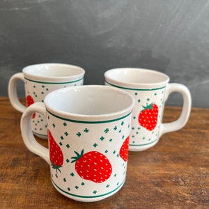 Vintage Strawberry Mugs, Green Red and White