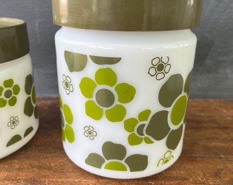 Vintage Anchor Hocking Crazy Daisy Milk Glass Canister Set, Green