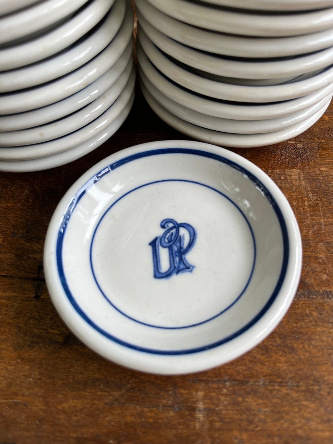 Vintage Butter Pat, Restaurant Ware, White With Blue Stripe, UP Logo