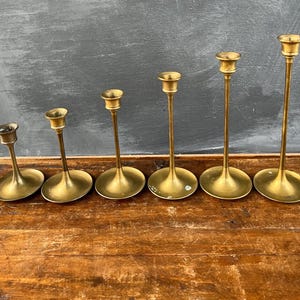 Vintage Mid-Century Brass Graduated Candlestick Holders, Set of 6, Tulip Style Candleholders