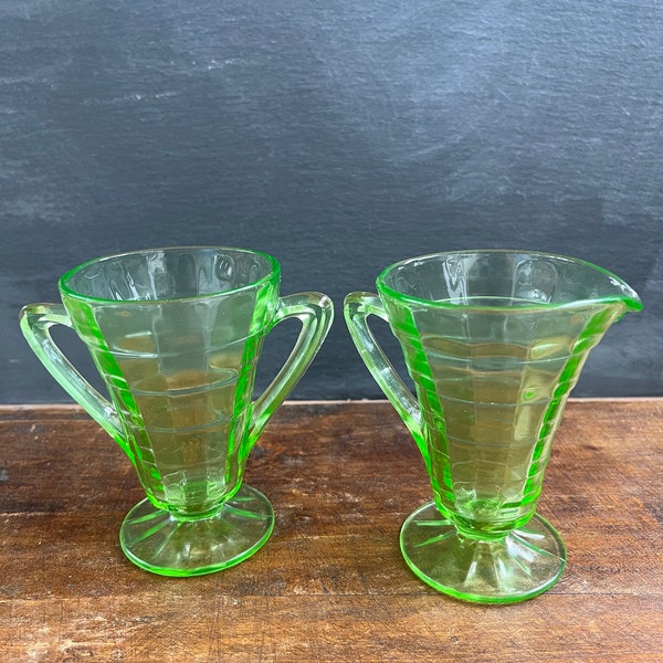 Vintage 1930's Anchor Hocking Block Optic Green Depression Glass, Footed Creamer and Sugar Dishes, Uranium Glass