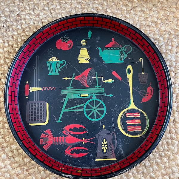 Vintage Metal BBQ Serving Tray, Mid Century, Fun Graphics, Gift Idea