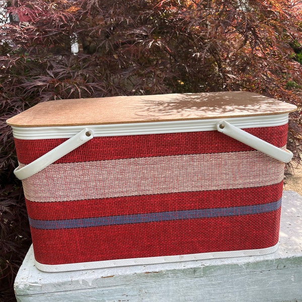 Vintage Redmon Picnic Basket in Red White and Blue, Camping, Cabin Decor, RV Decor, Farmhouse, Country Style