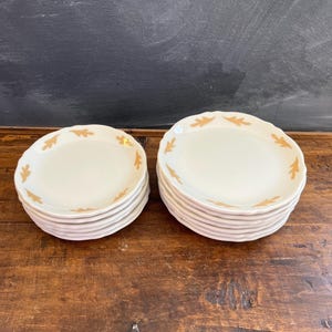 May include: Two stacks of white ceramic plates with a brown leaf design around the edge. The plates are stacked on a wooden surface.