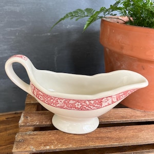 Vintage Restaurant Ware China Gravy Boat, Red and White Floral Pattern, Restaurant Ware, Diner Ware