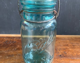 Vintage Ball Sure Seal Blue Glass Canning Jar, Wire Clamp and Glass Lid, Fruit Jar, Preserves, Quart Size
