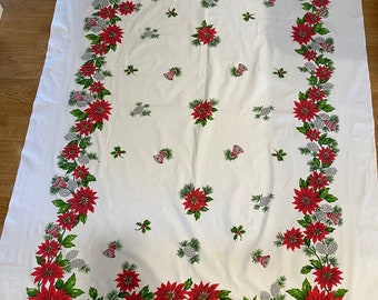 Vintage Christmas Tablecloth, Bell Ornaments, Poinsettia and Pinecones, Red Green Silver and White, Large Tablecloth
