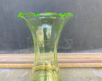 Vintage Green Depression Glass Vase, Optic Block, Ribbed and Ruffles, Uranium Glass, Vaseline Glass, 1920s
