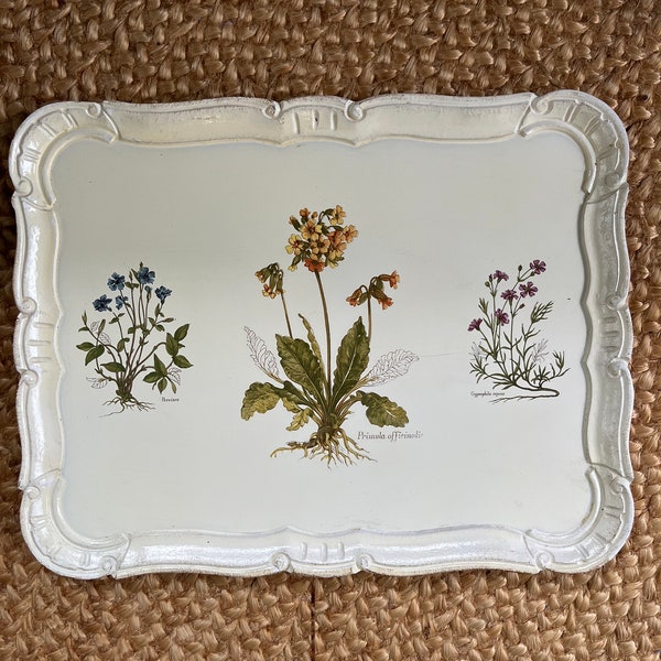 Beautiful Vintage Florentine Style Wooden Scallop Edge Serving Tray, Cream With Flower Design