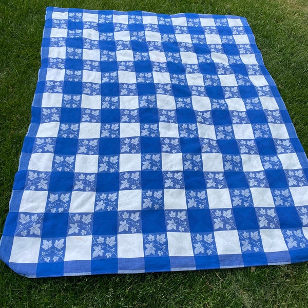 Vintage Blue and White Gingham Simtex Tablecloth, Summer Tablecloth, Picnic, Camping, RV Decor, Cabin Decor