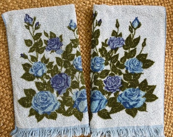 Vintage 1960s-70s Cannon Fringe Bath Towels Light and Dark Blue Roses on Blue Background