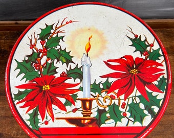 Vintage Christmas Tin, Retro Design, Poinsettias and Candle with Holly Boughs, Holiday Tin, Candy Tin, Gift Tin