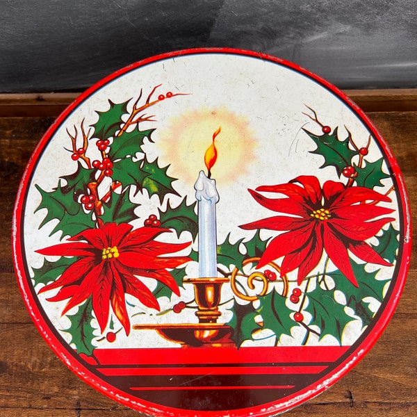 Vintage Christmas Tin, Retro Design, Poinsettias and Candle with Holly Boughs, Holiday Tin, Candy Tin, Gift Tin