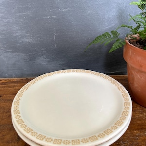 May include: Two white ceramic dinner plates with a brown geometric pattern around the edge.