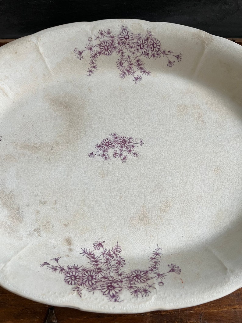 Daisy Pattern Antique Lilac Lavender Color, Transferware China Platter, Ironstone image 2