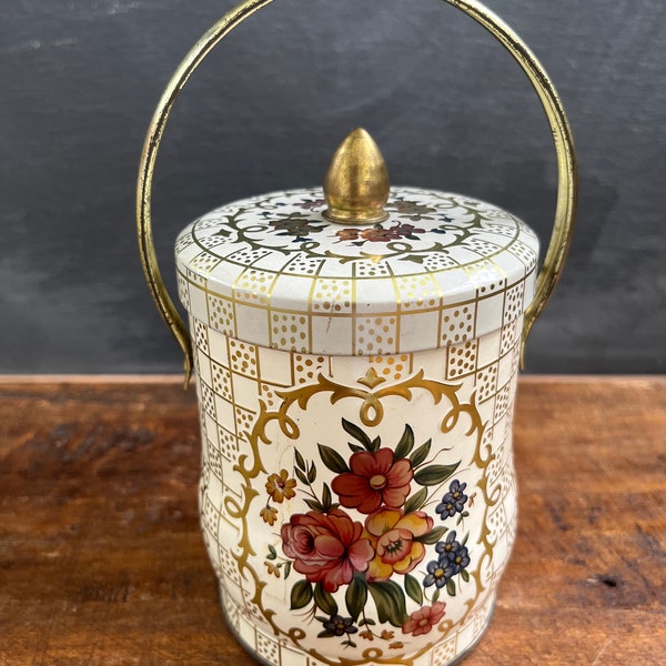 Vintage Round Cookie Biscuit Candy Tin With Lid and Handle, Made in England, Floral Design, Murray-Allen Regal Crown