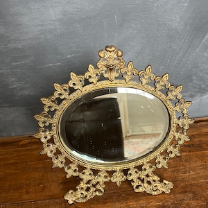 Vintage Tabletop Vanity Mirror with Ornate Cast Iron Frame, Beveled Mirror, Fleur-De-Lis Design, Victorian