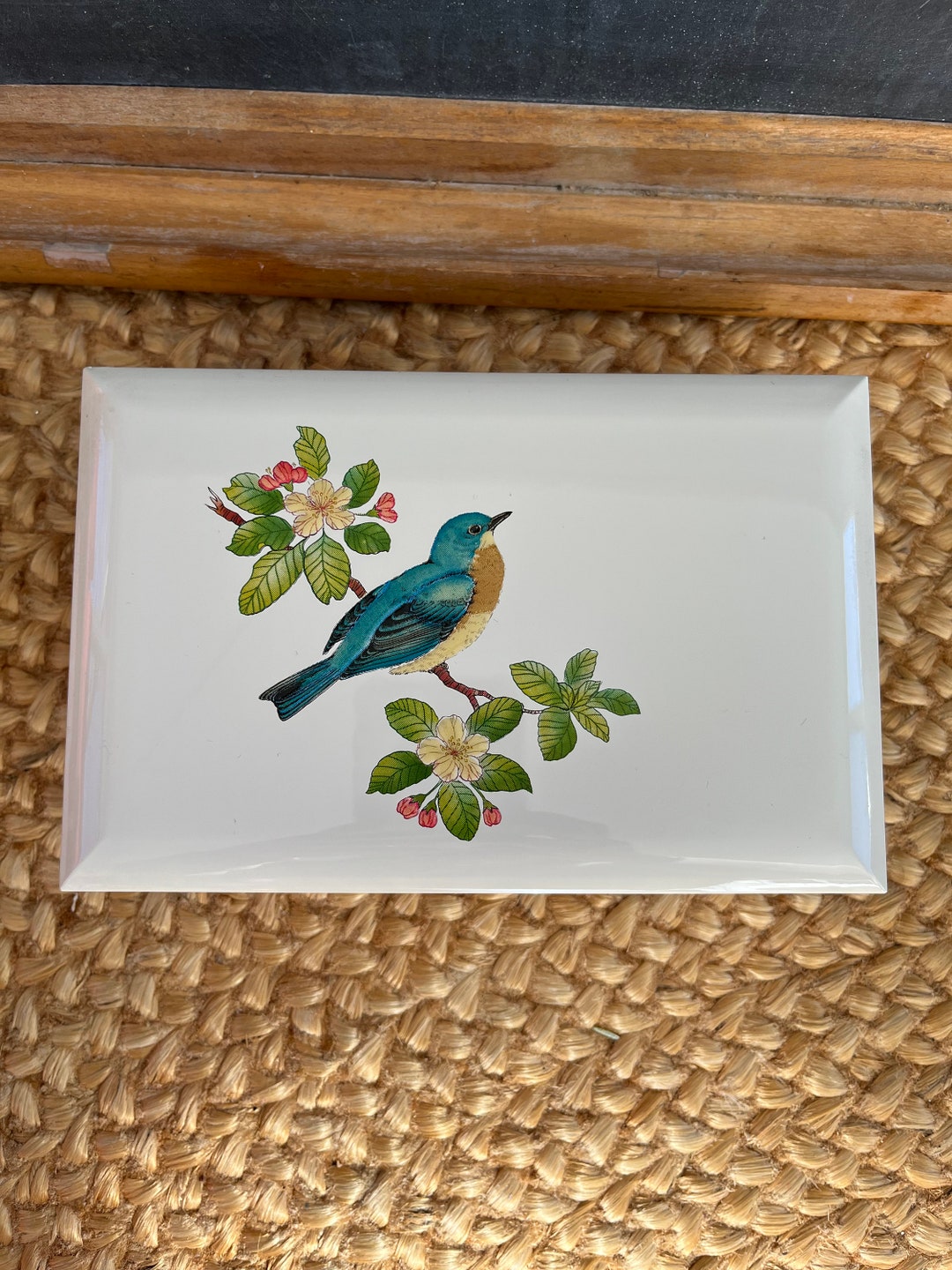 Vintage Otagiri Japan Jewelry Music Box, Lacquerware, Blue Bird on